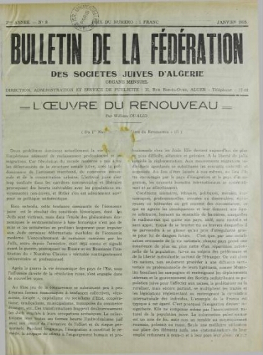 Bulletin de la Fédération des sociétés juives d’Algérie  V°02 N°08 (01/01/1935)